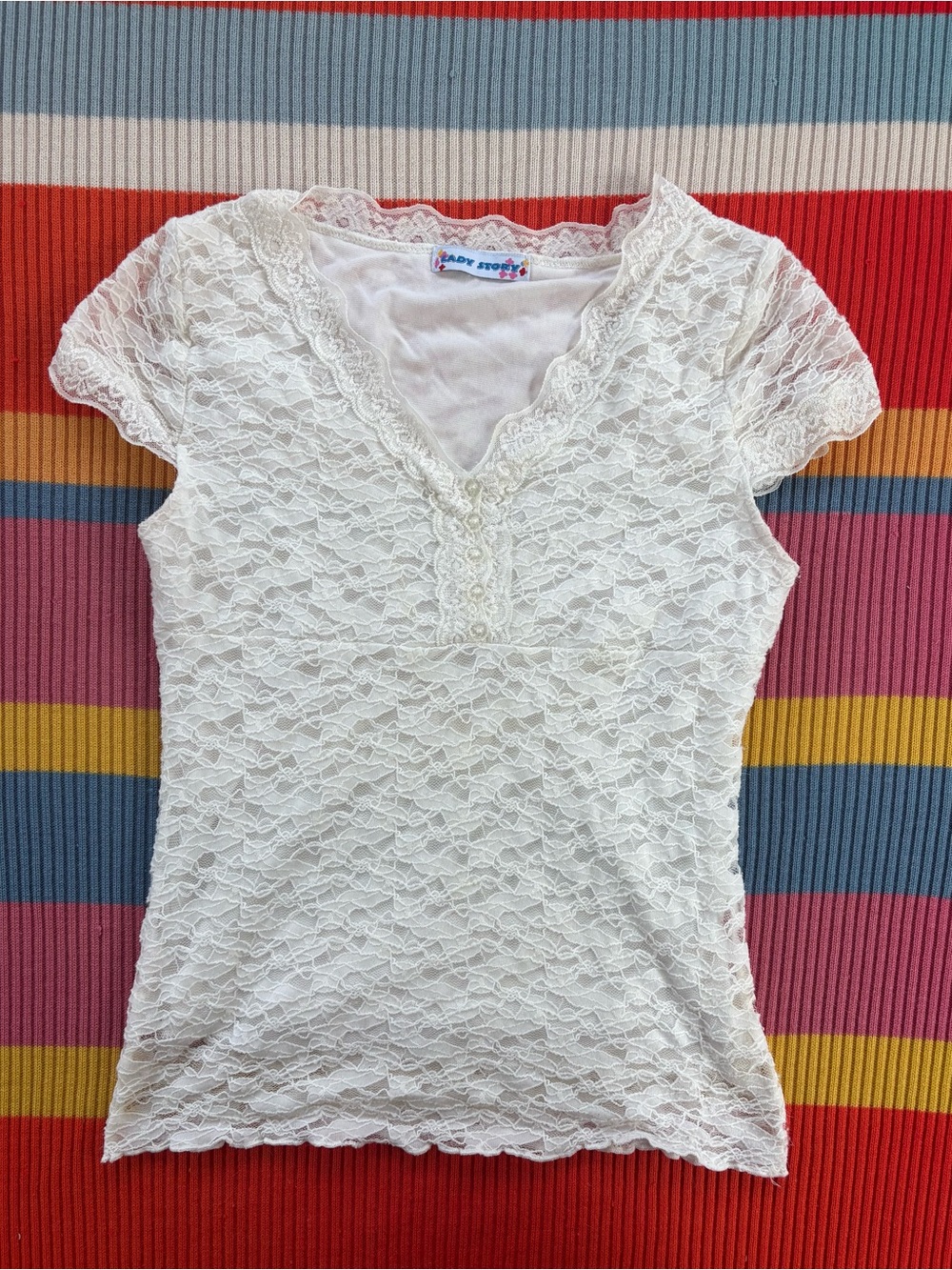 White Lace Henley Style
Short Sleeve Top